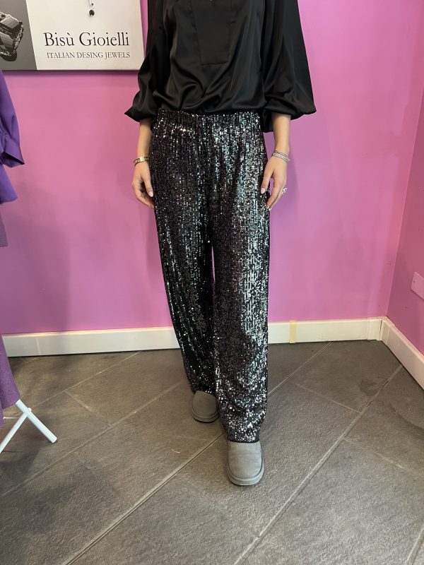 Orwell - palazzo pants - black gray paillettes and lined