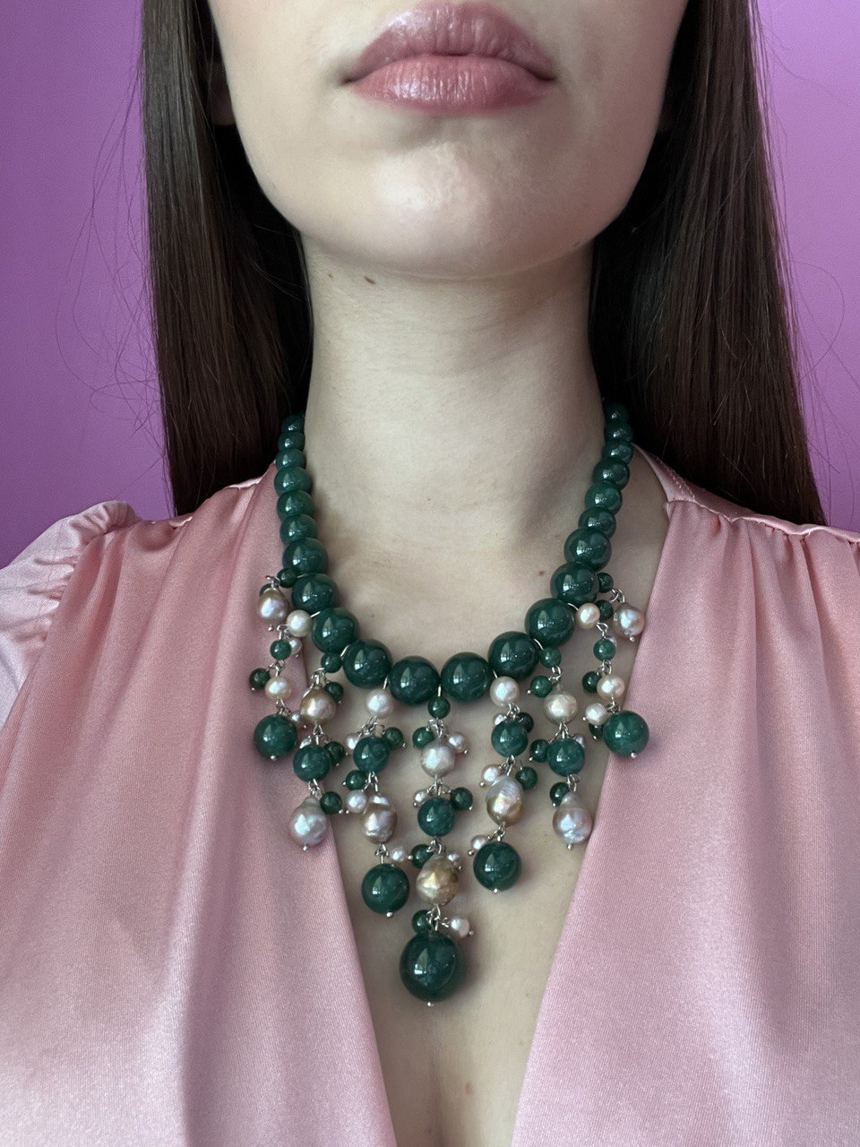Collana argento925 cascata Giada verde liscia e perle coltivate grey -  Bisu' Bologna